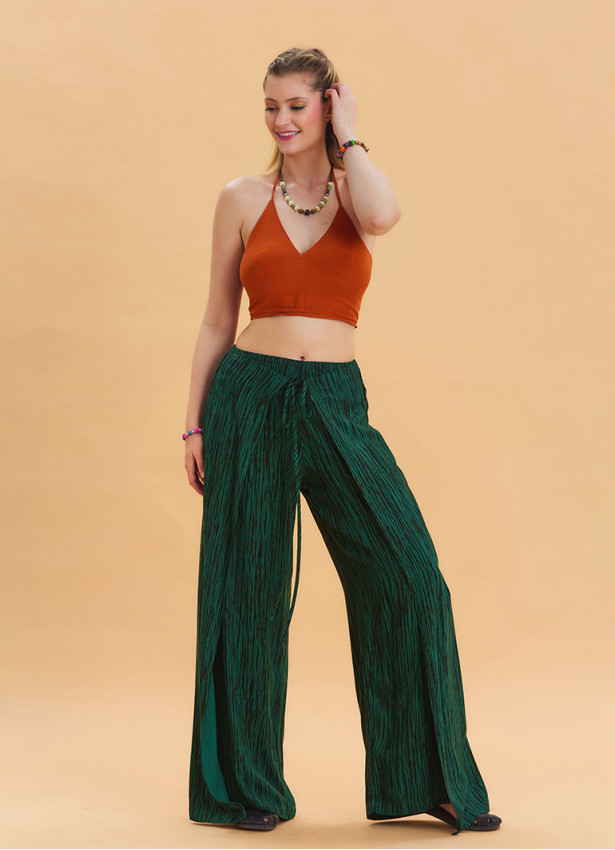 Green Ethnic Trousers with Elastic Waist and Tie Detail 4471